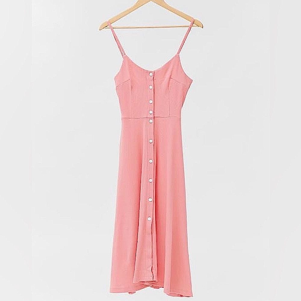 Lisa Says Gah Gwen Button-Front Midi Dress Pink Salmon Ribbed Knit Cotton Small
